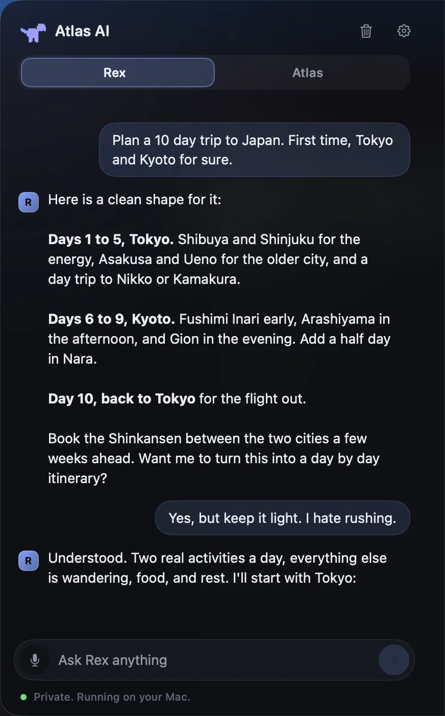 Atlas AI panel showing a conversation with Rex