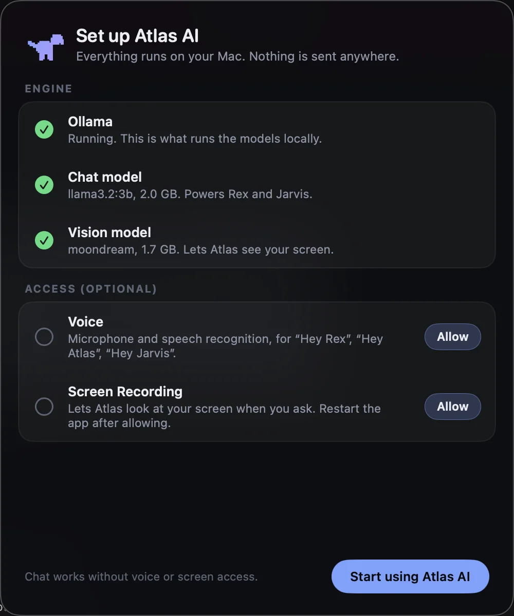 Atlas AI first-run setup showing Ollama and model status